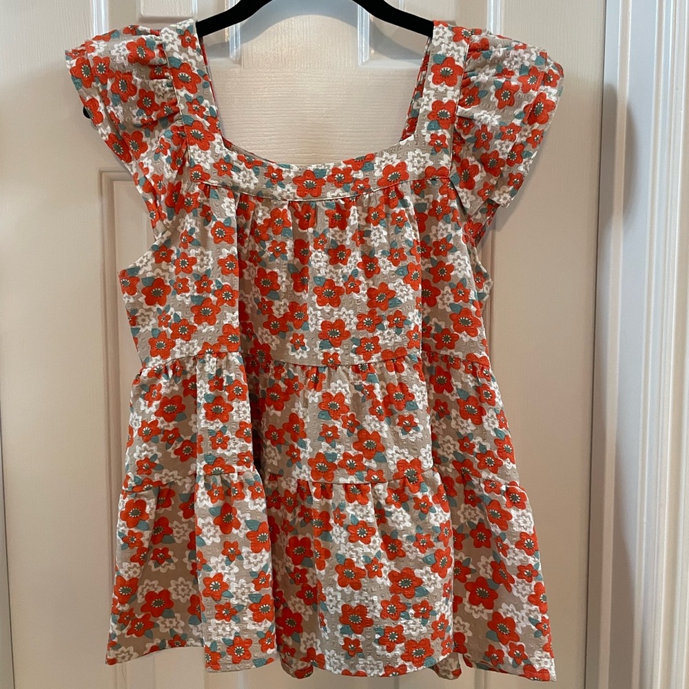 Floral Square Neck Ruffle Sleeve Top - Orange & Cream